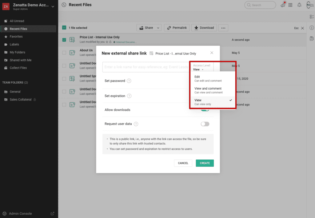 Access levels highlighted inside WorkDrive